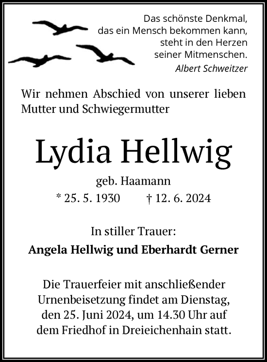 Traueranzeige von Lydia Hellwig von OF