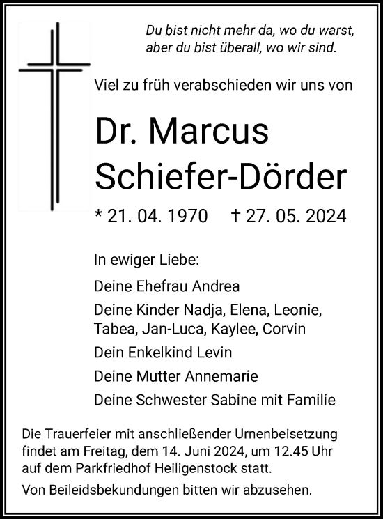 Traueranzeige von Marcus Schiefer-Dörder von OF
