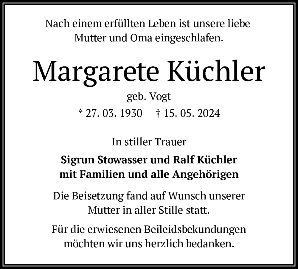  Traueranzeige für Margarete Küchler vom 14.06.2024 aus OF