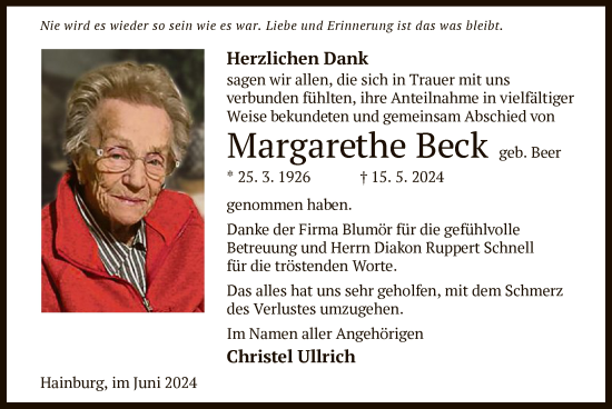 Traueranzeige von Margarethe Beck von OF
