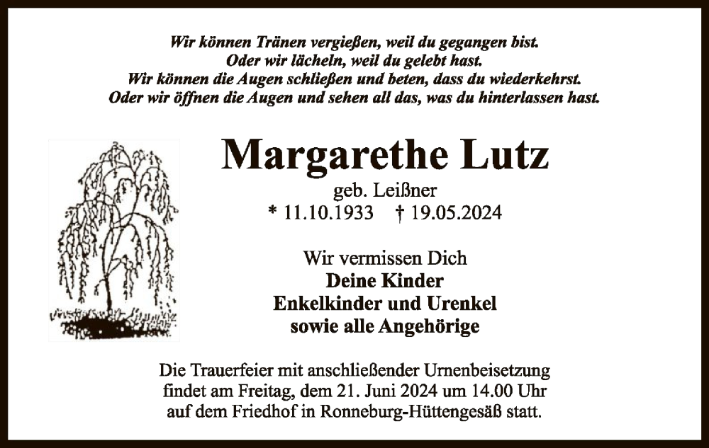  Traueranzeige für Margarethe Lutz vom 15.06.2024 aus OF