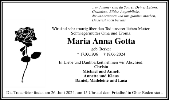 Traueranzeige von Maria Anna Gotta von OF