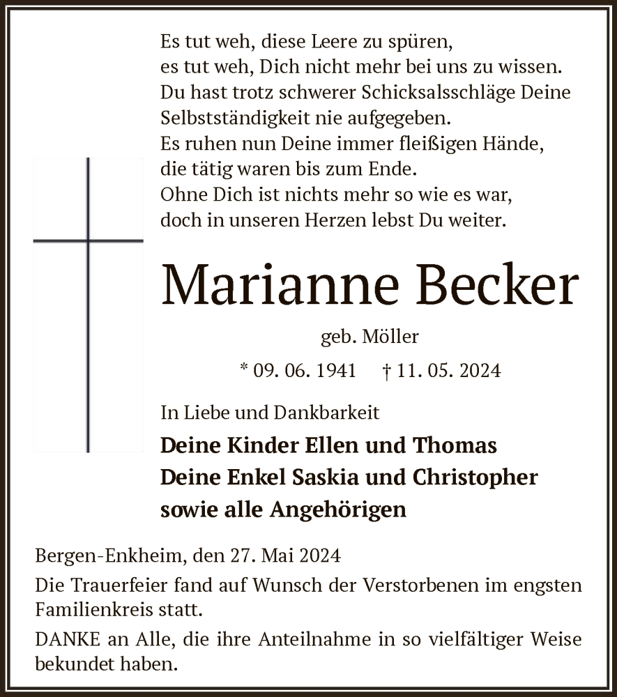  Traueranzeige für Marianne Becker vom 01.06.2024 aus OF
