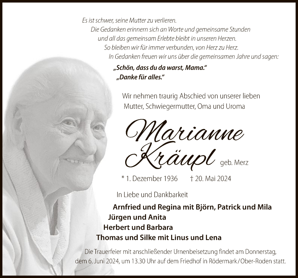  Traueranzeige für Marianne Kräupl vom 01.06.2024 aus OF