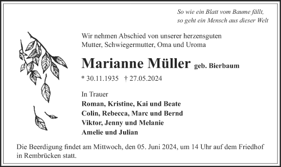 Traueranzeige von Marianne Müller von OF