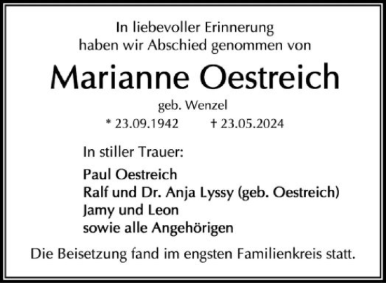 Traueranzeige von Marianne Oestreich von OF