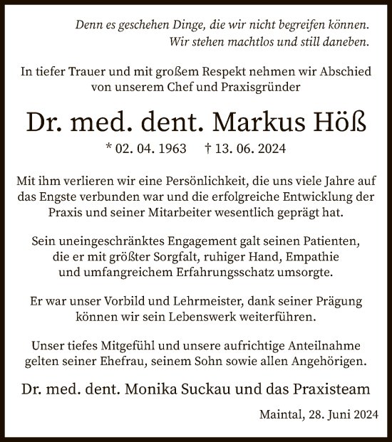 Traueranzeige von Markus Höß von OF