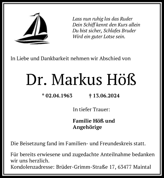 Traueranzeige von Markus Höß von OF