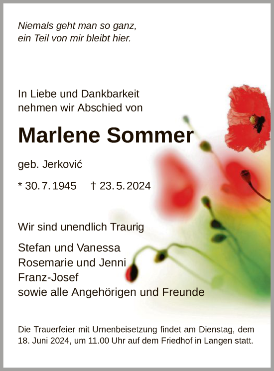 Traueranzeige von Marlene Sommer von OF