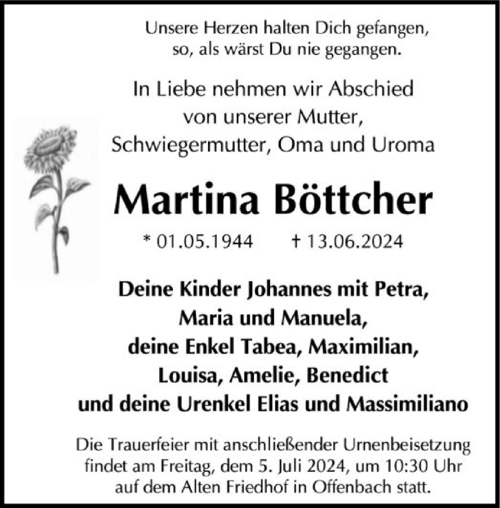  Traueranzeige für Martina Böttcher vom 22.06.2024 aus OF