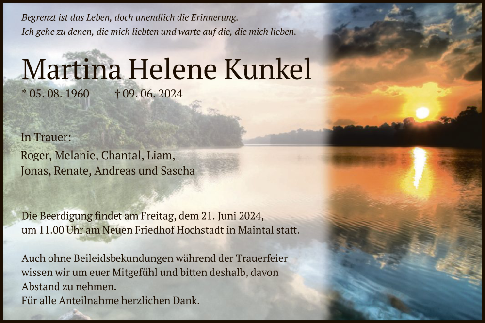  Traueranzeige für Martina Helene Kunkel vom 17.06.2024 aus OF