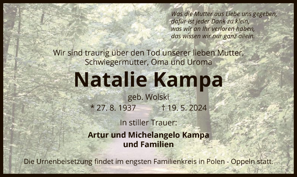  Traueranzeige für Natalie Kampa vom 01.06.2024 aus OF