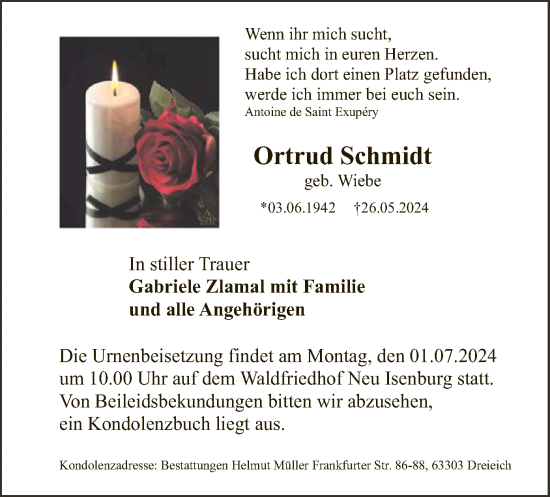 Traueranzeige von Ortrud Schmidt von OF