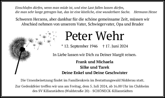Traueranzeige von Peter Wehr von OF