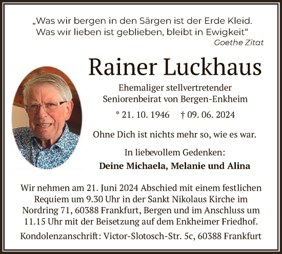 Traueranzeige von Rainer Luckhaus von OF