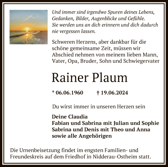 Traueranzeige von Rainer Plaum von OF