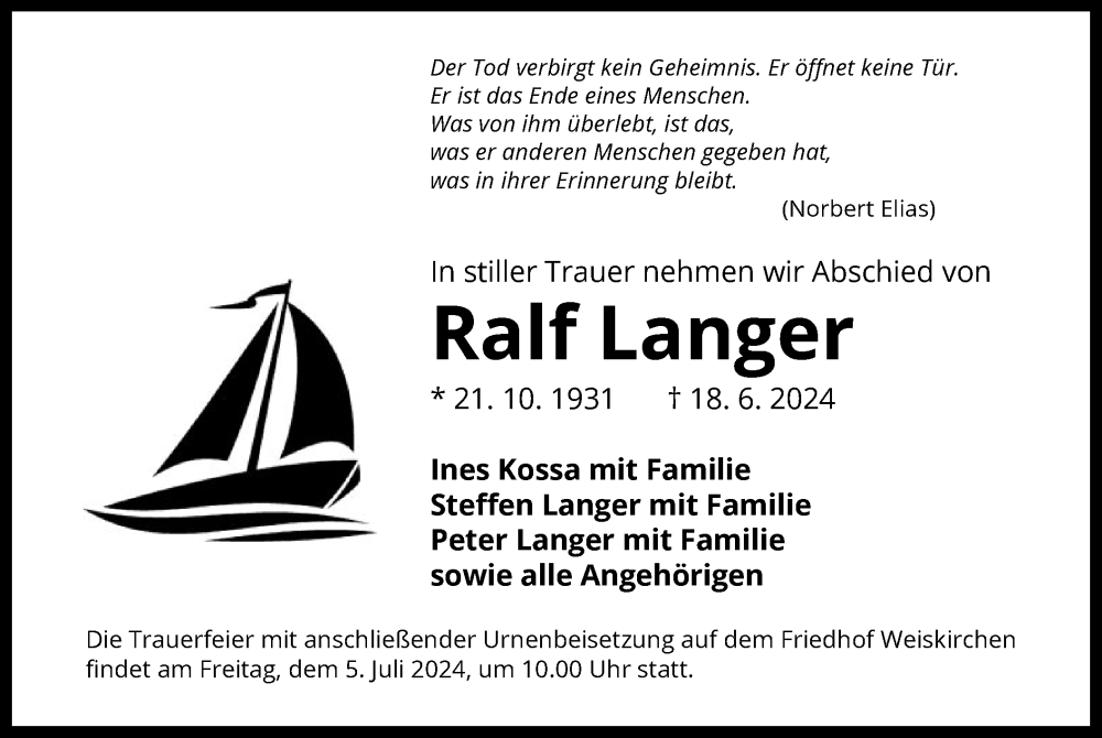  Traueranzeige für Ralf Langer vom 29.06.2024 aus OF