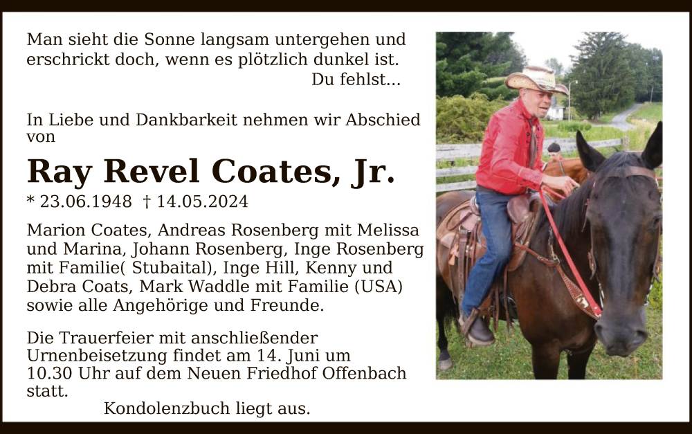 Traueranzeige für Ray Revel Coates vom 08.06.2024 aus OF