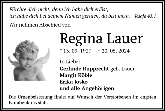 Traueranzeige von Regina Lauer von OF