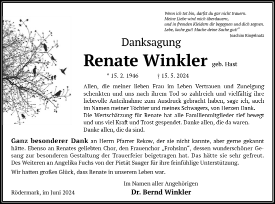 Traueranzeige von Renate Winkler von OF