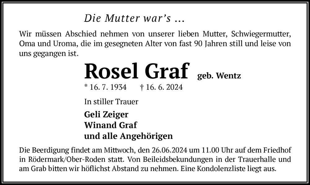  Traueranzeige für Rosel Graf vom 22.06.2024 aus OF