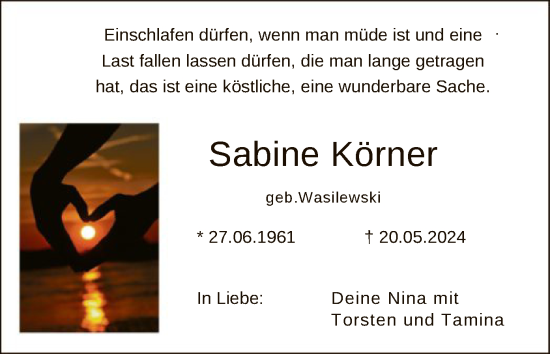 Traueranzeige von Sabine Körner von OF