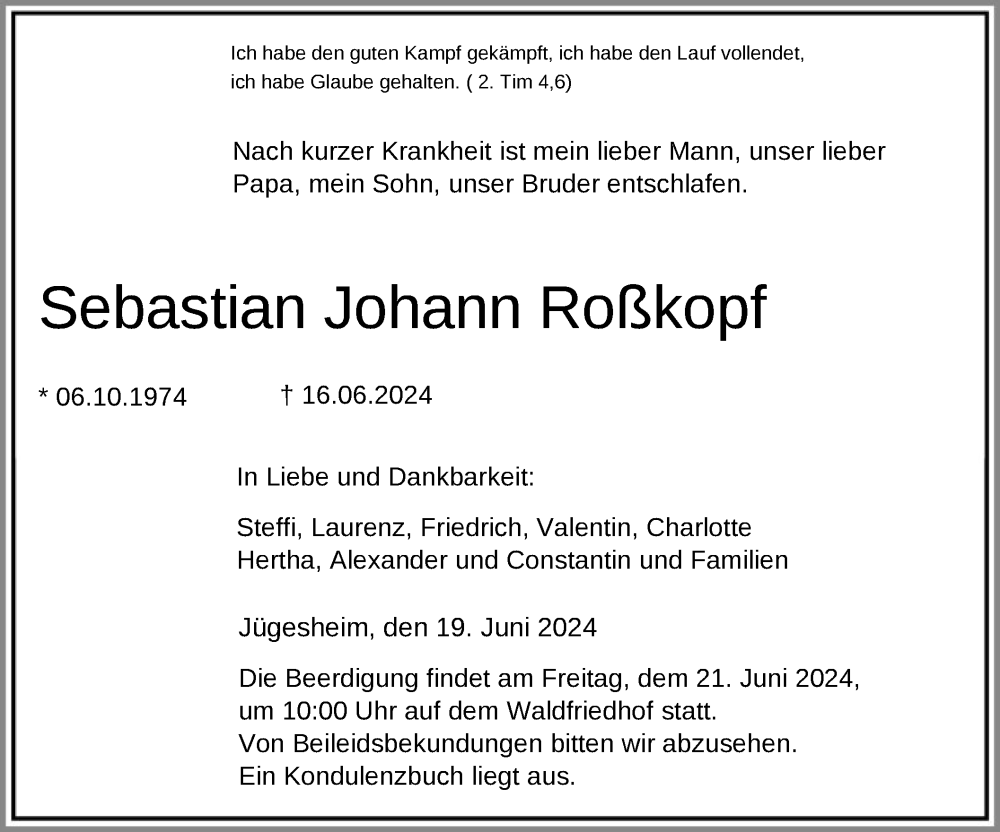 Traueranzeige für Sebastian Johann Roßkopf vom 20.06.2024 aus OF
