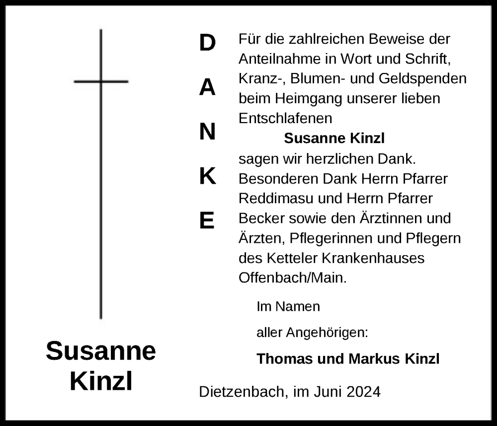  Traueranzeige für Susanne Kinzl vom 15.06.2024 aus OF