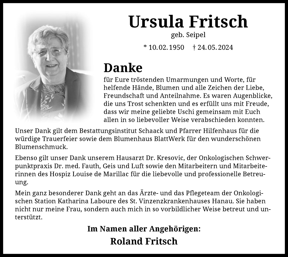  Traueranzeige für Ursula Fritsch vom 22.06.2024 aus OF