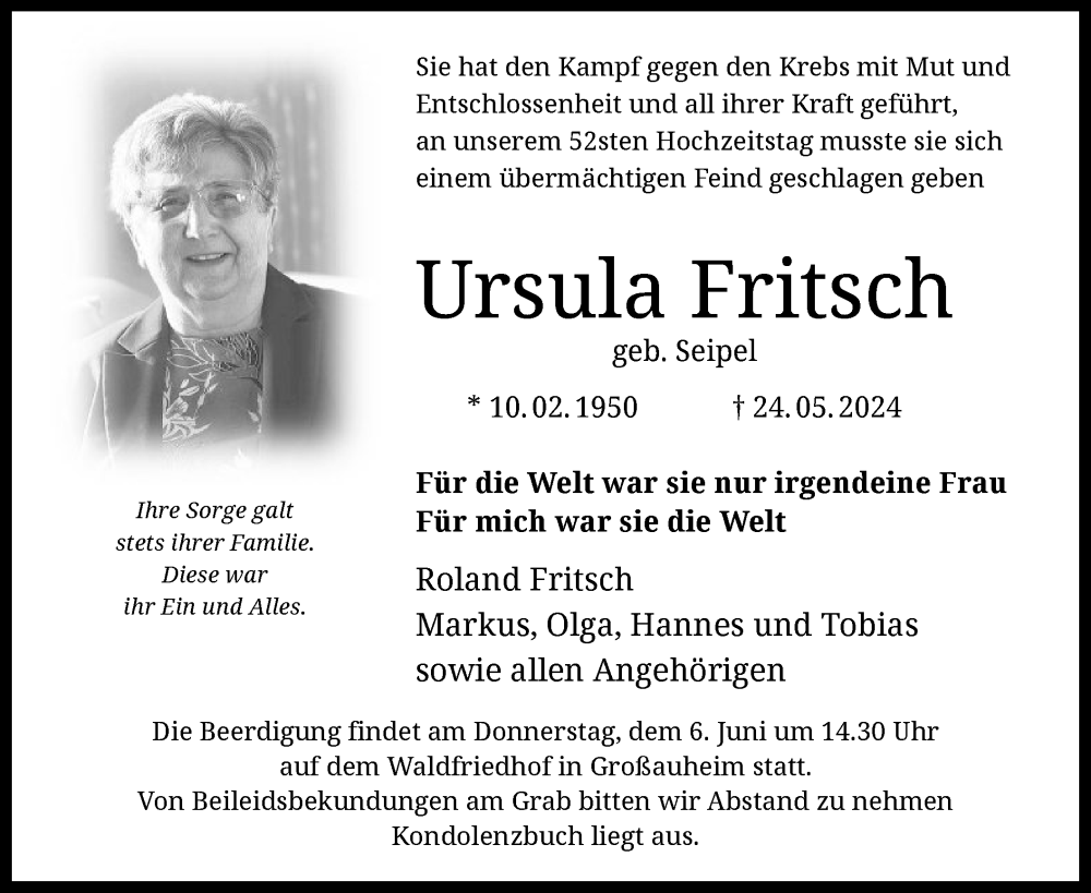  Traueranzeige für Ursula Fritsch vom 01.06.2024 aus OF