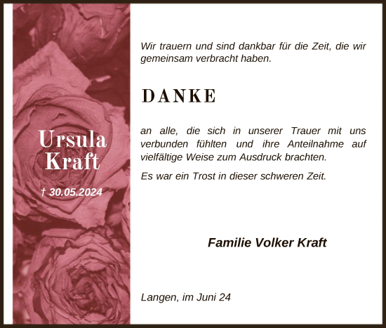 Traueranzeige von Ursula Kraft von OF