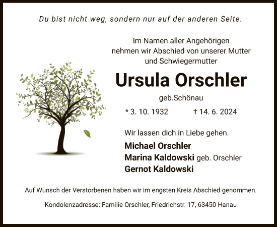 Traueranzeige von Ursula Orschler von OF