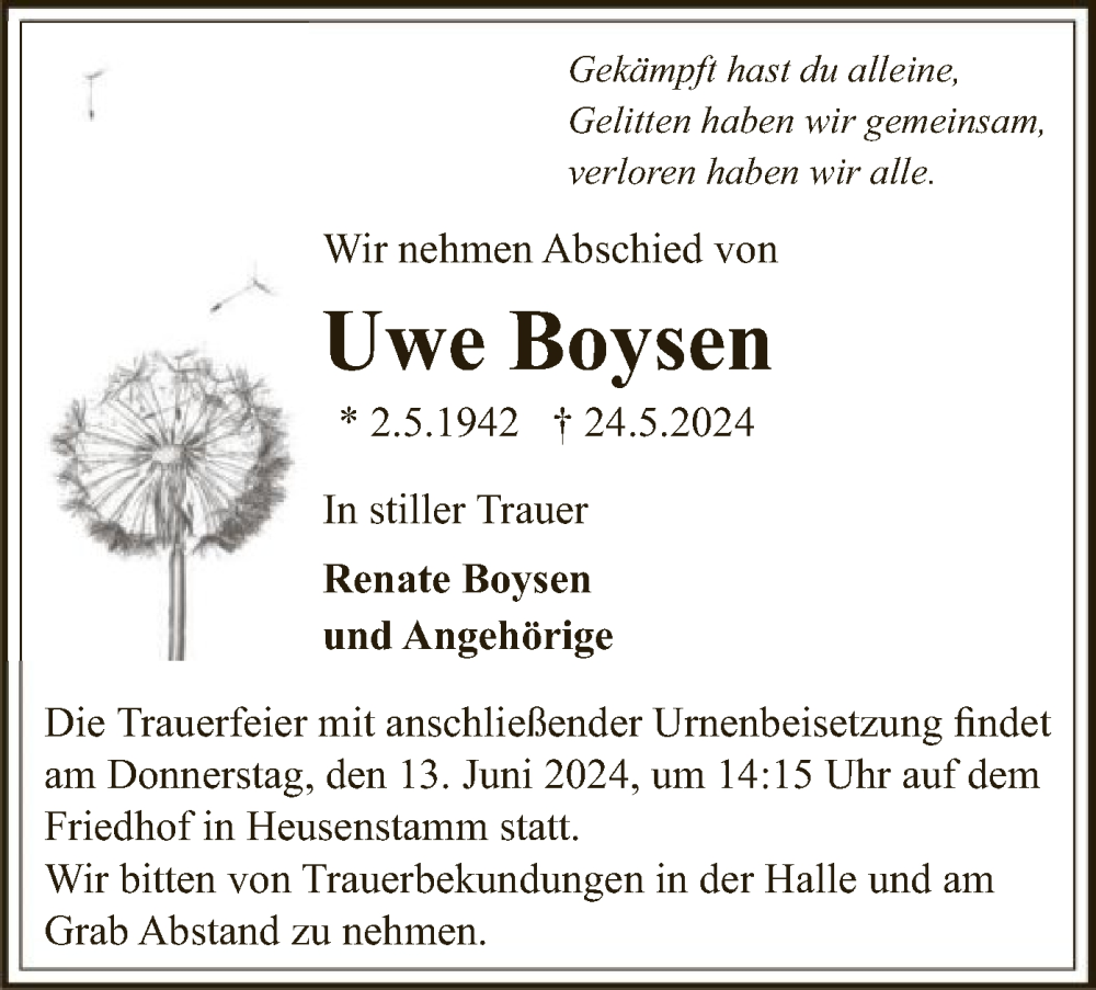  Traueranzeige für Uwe Boysen vom 08.06.2024 aus OF