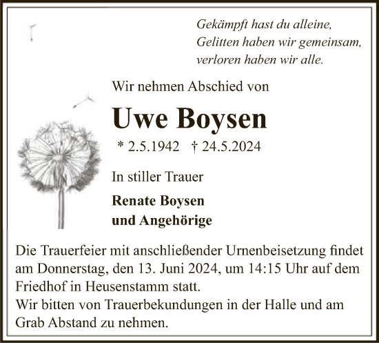 Traueranzeige von Uwe Boysen von OF