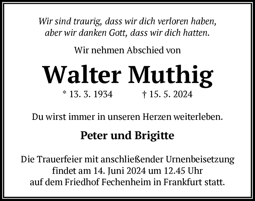  Traueranzeige für Walter Muthig vom 08.06.2024 aus OFOF