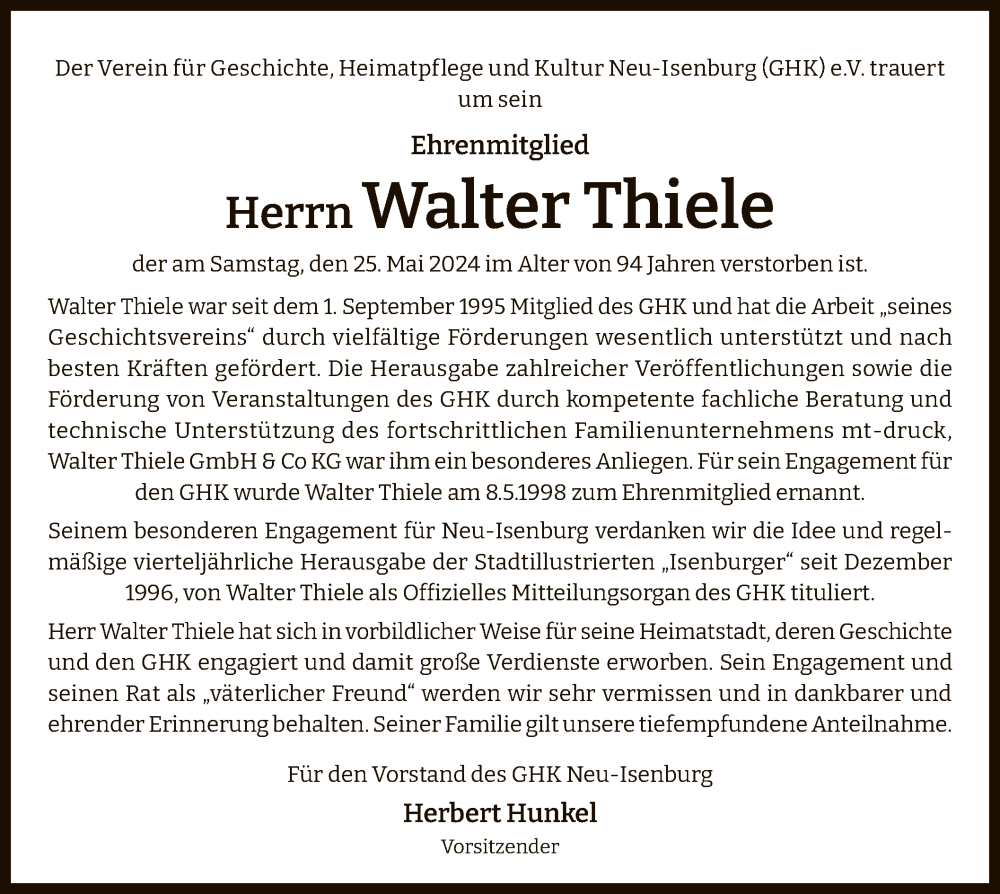  Traueranzeige für Walter Thiele vom 01.06.2024 aus OF