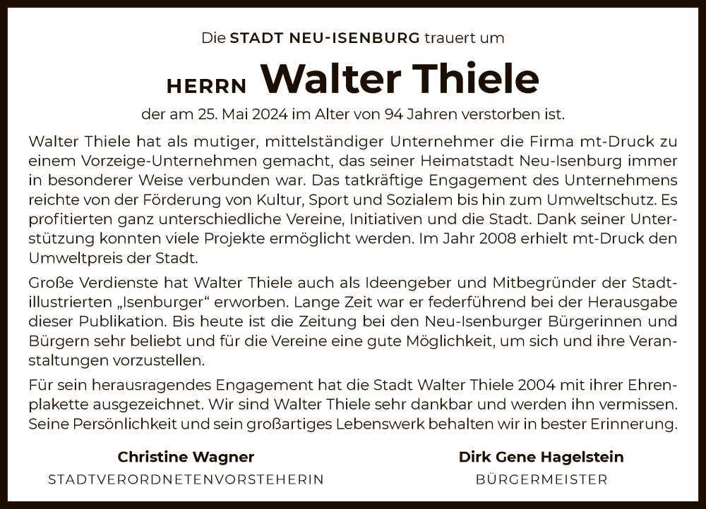  Traueranzeige für Walter Thiele vom 01.06.2024 aus OF