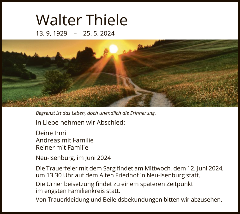 Traueranzeige für Walter Thiele vom 08.06.2024 aus OF