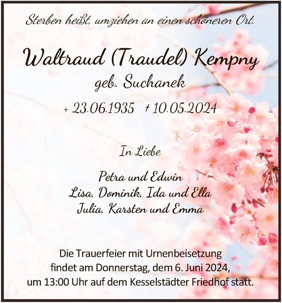  Traueranzeige für Waltraud Kempny vom 01.06.2024 aus OF