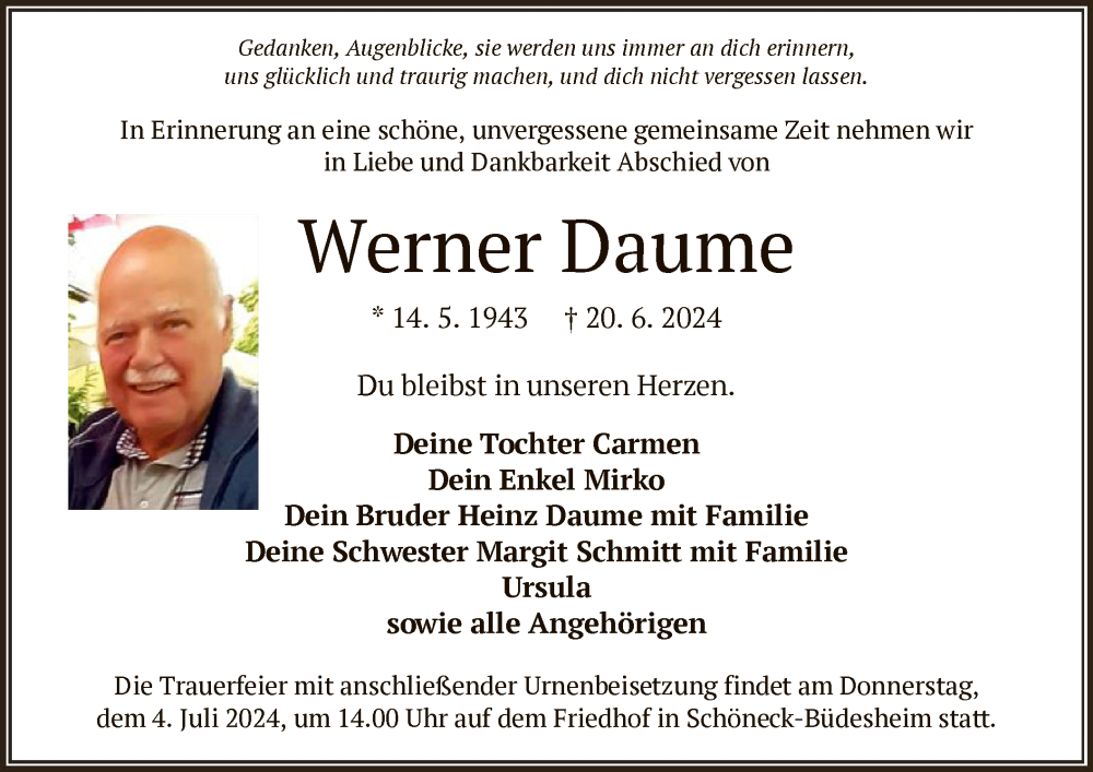  Traueranzeige für Werner Daume vom 29.06.2024 aus OF