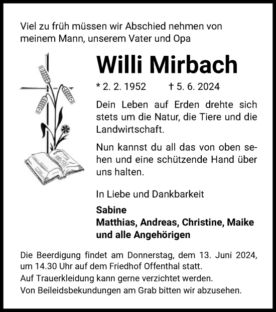 Traueranzeige von Willi Mirbach von OF