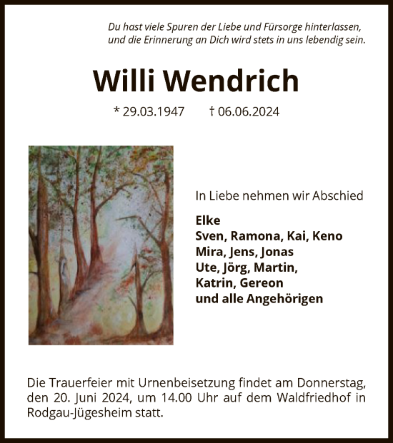 Traueranzeige von Willi Wendrich von OF