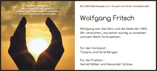 Traueranzeige von Wolfgang Fritsch von OF