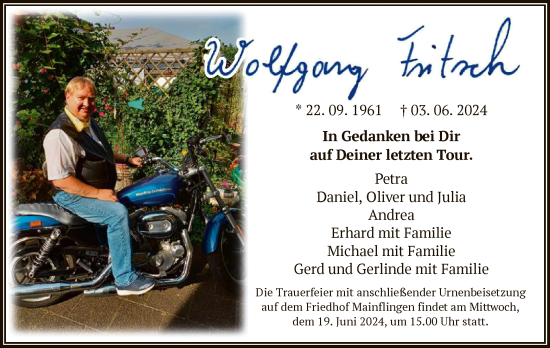 Traueranzeige von Wolfgang Fritsch von OF