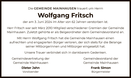 Traueranzeige von Wolfgang Fritsch von OF