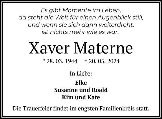 Traueranzeige von Xaver Materne von OF