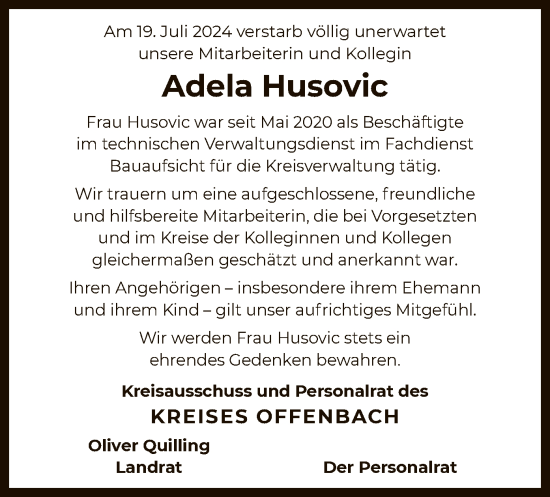 Traueranzeige von Adela Husovic von OF