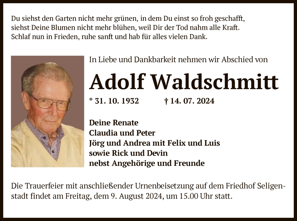  Traueranzeige für Adolf Waldschmitt vom 27.07.2024 aus OF