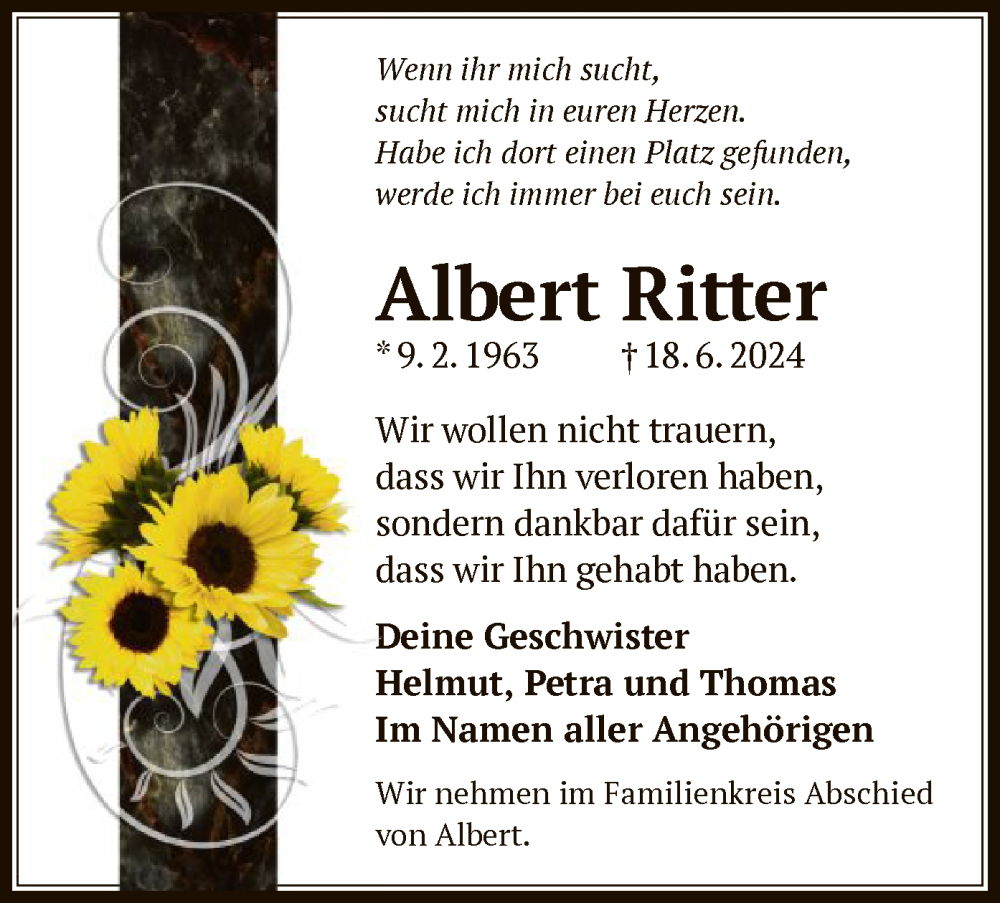  Traueranzeige für Albert Ritter vom 05.07.2024 aus OF