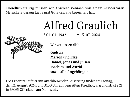 Traueranzeige von Alfred Graulich von OF